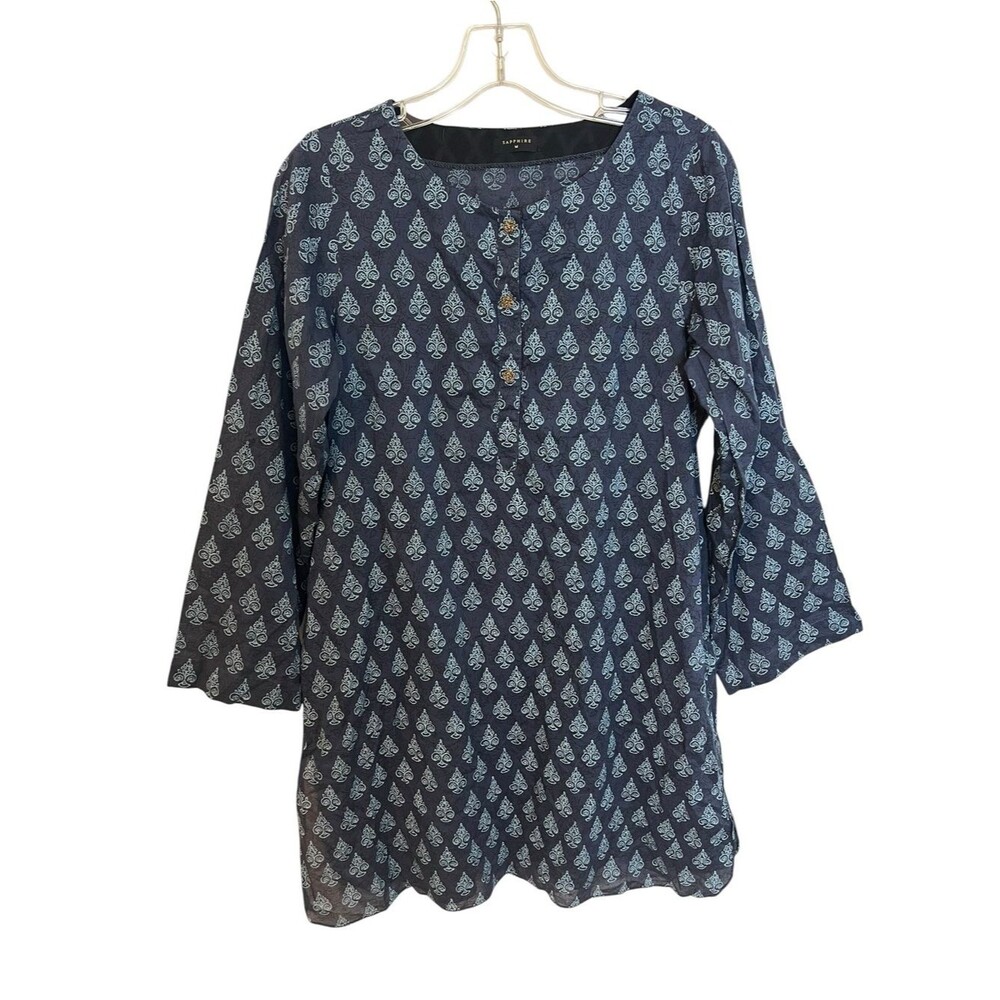 Sapphire Indigo Blue Cotton Kurti Tunic Top Block Print Bell Sleeve M Boho